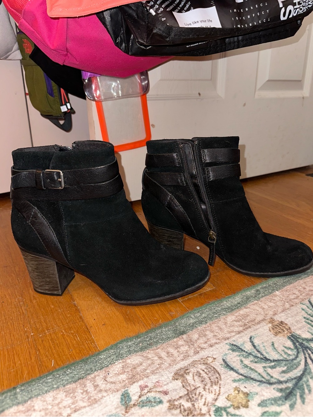 Clark’s Black Suede Ankle Booties with Buckle Strap